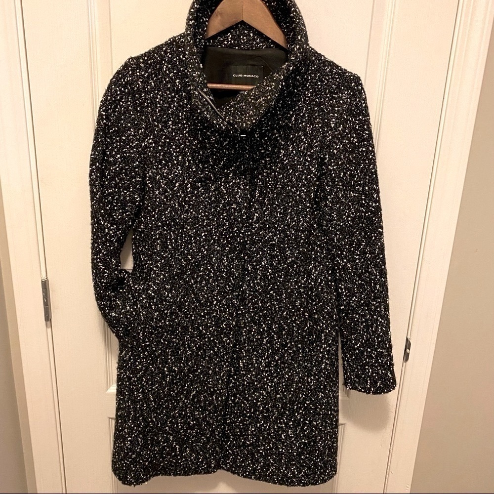 Club Monaco. Tweed Funnel Neck Wool blend coat. Black and white. - Picture 5 of 15